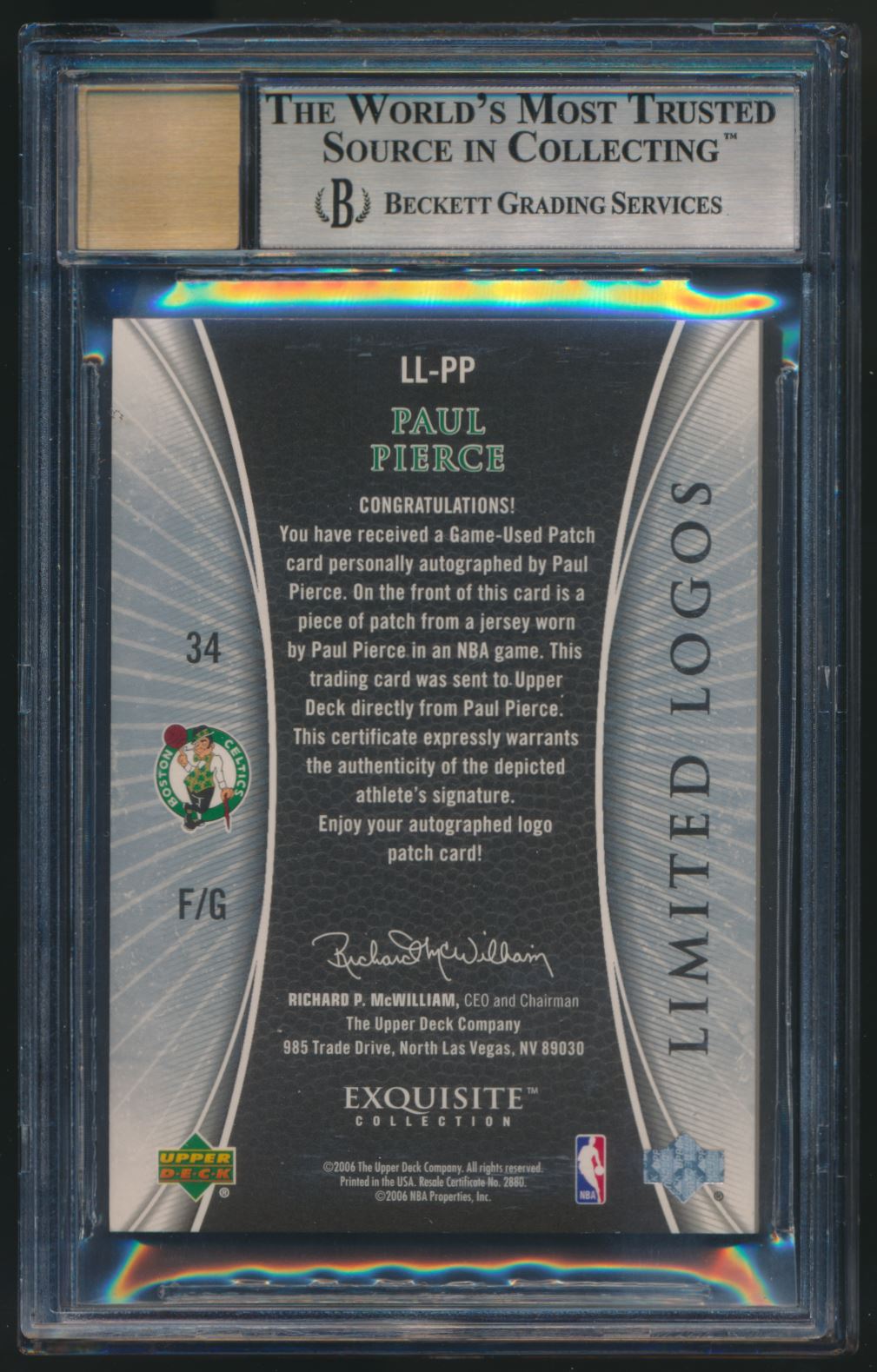 2005-06 Exquisite Collection #LLPP Paul Pierce Autographs Beckett 9/9 Exquisite Collection 20/50