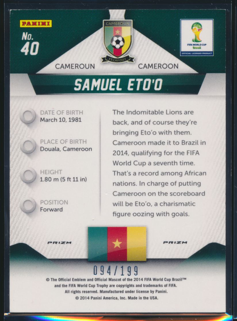 2014 Panini Prizm World Cup Blue Prizm /199 Samuel Eto'o #40