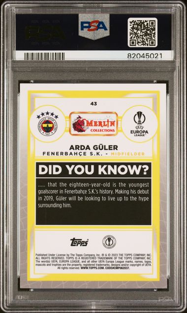 2022-23 Topps Merlin Chrome UCC #43 Arda Guler Aqua Rookie /199 PSA 9