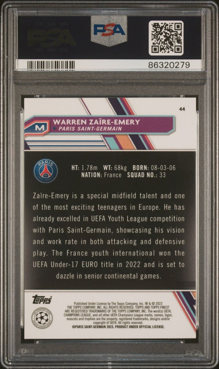 2022-23 Topps Finest UCC #44 Warren Zaire Emery Rose Gold Mini Diamond Rookie PSA 9 42/50