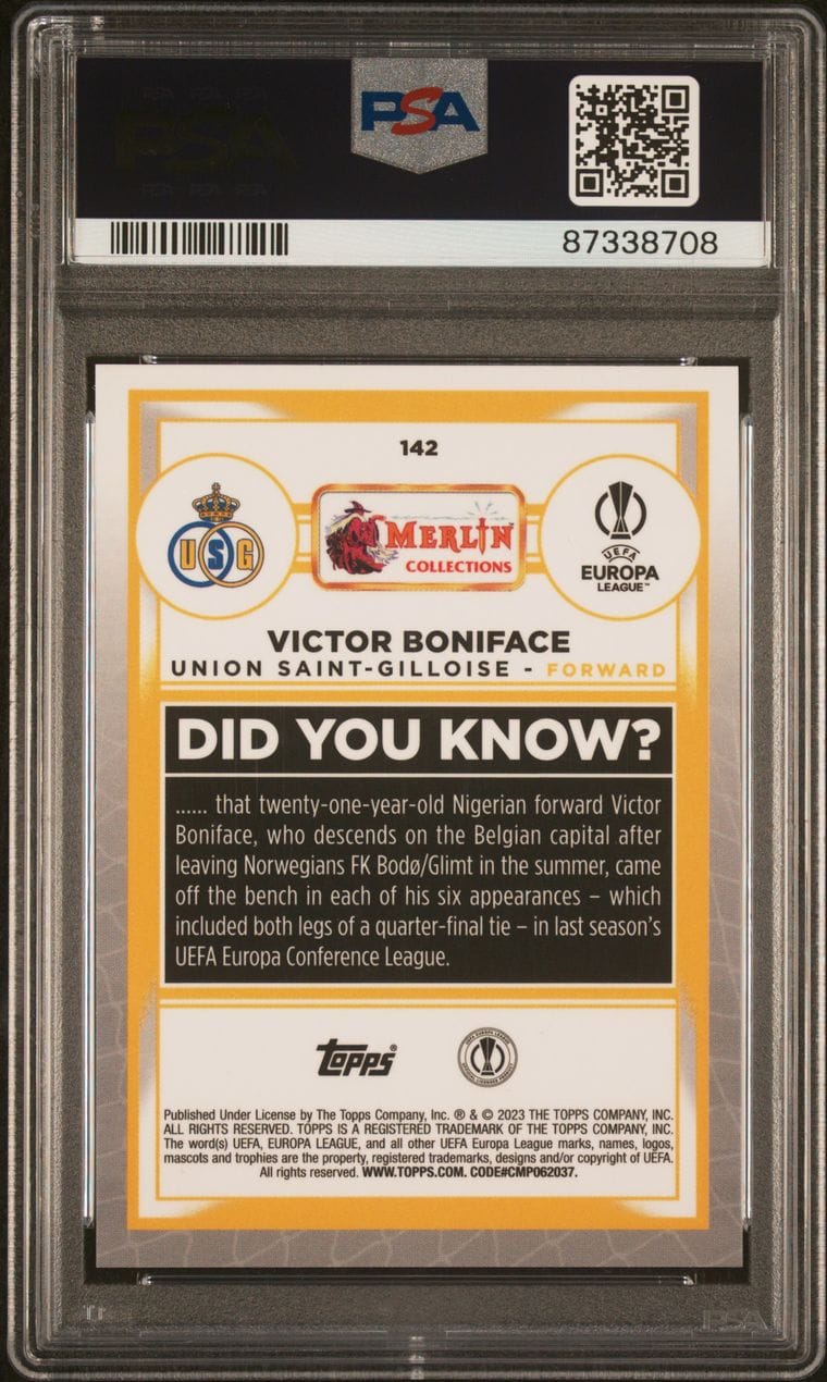 2022-23 Topps Merlin Chrome Rookie UCC #142 Victor Boniface Pink Mojo /275 PSA 9