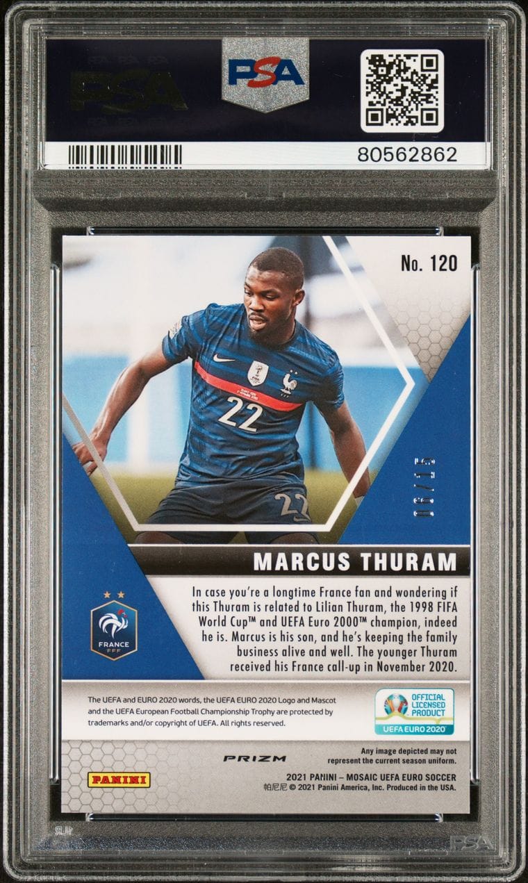 2020-21 Panini Prizm Rookie Mosaic UEFA EURO #120 Marcus Thuram Blue Fluorescent Mosaic PSA 10