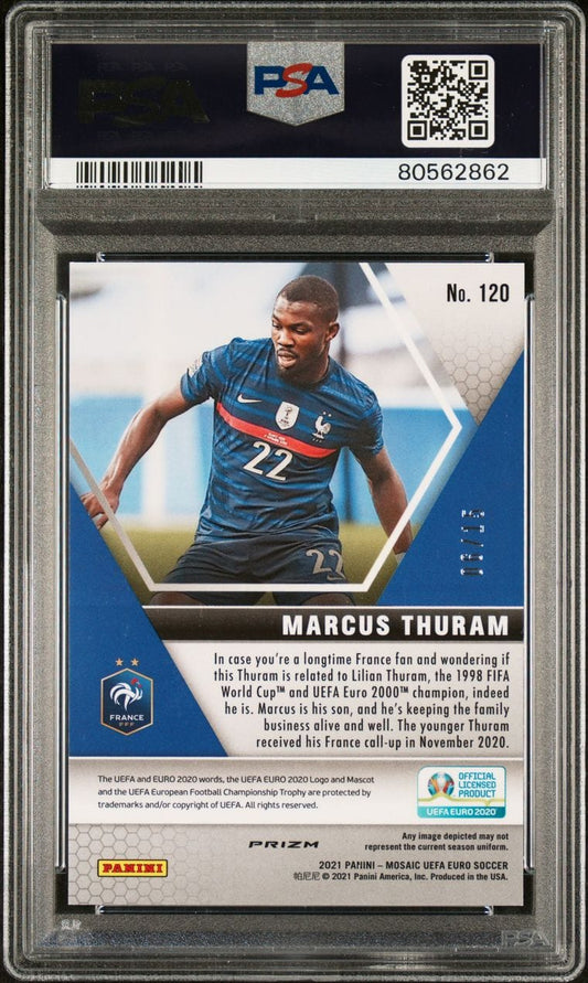 2020-21 Panini Prizm Rookie Mosaic UEFA EURO #120 Marcus Thuram Blue Fluorescent Mosaic PSA 10