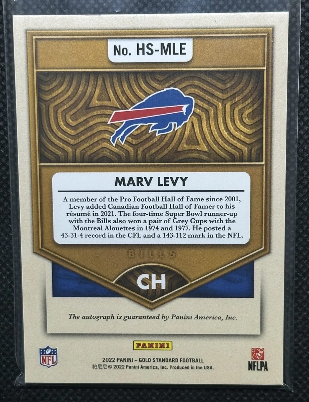 2022/23 Panini GOLD Standard Football No. HS-MLE Marv Levy Buffalo Bills /99 Gold Fingers NFL