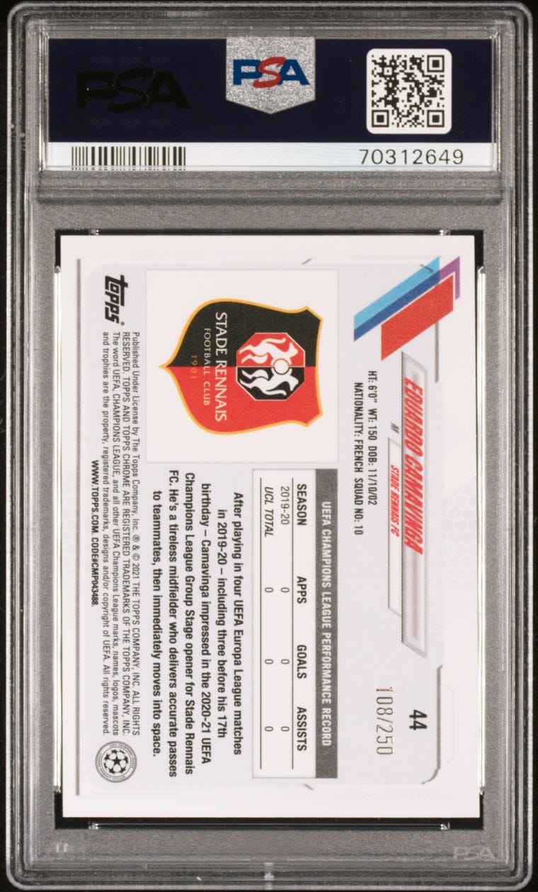 2020-21 Topps Chrome UCL Rookie #44 Eduardo Camavinga Purple Mini Diamond Refractor PSA 9 108/250