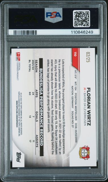 2022-23 Topps Jade Edition Bundesliga Orange Jade /25 Florian Wirtz #110 PSA 9