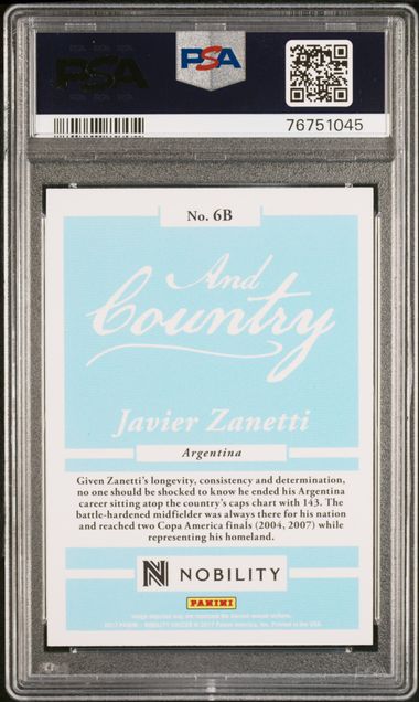 2017 PANINI NOBILITY FOR CLUB AND COUNTRY #6B JAVIER ZANETTI FOR CLUB/COUNTRY-GOLD /10 PSA 9
