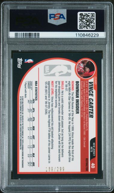 2007-08 Bowman Draft Picks & Stars Chrome Refractor /299 Vince Carter #40 PSA 9