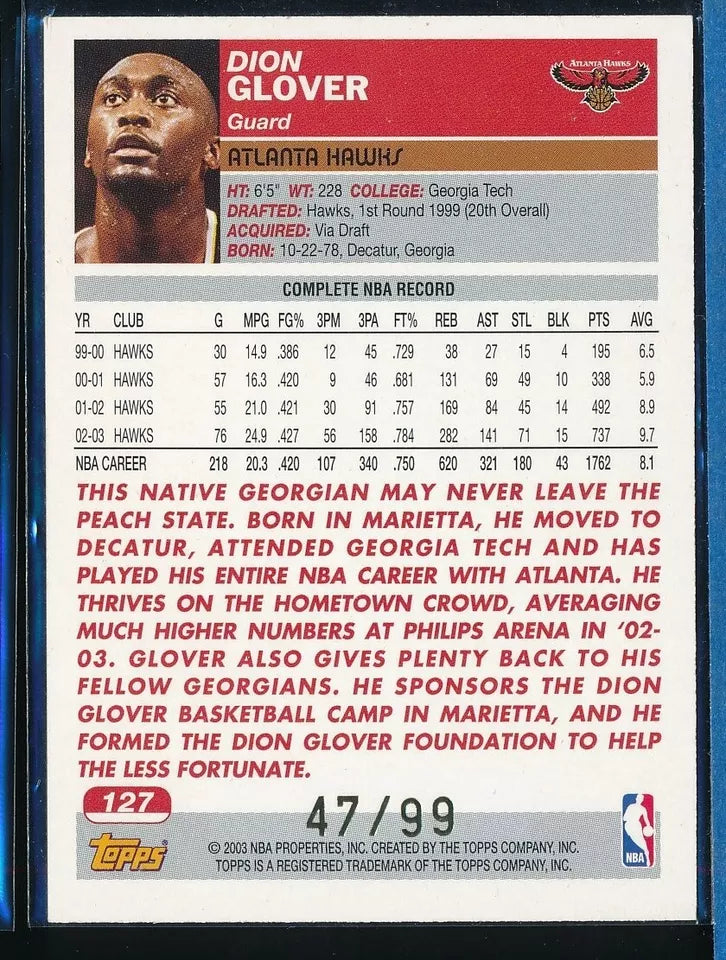 #127 Dion Glover Atlanta Hawks 2003-04 Basketball /99 Kobe in the back SSP