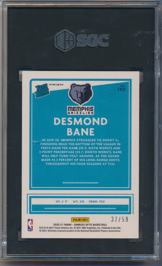 2020-21 Panini Donruss Optic #180 Desmond Bane Rookie Blue Prizm Refractor 37/59 SGC 9