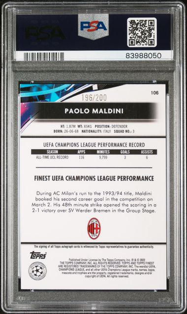 2021-2022 TOPPS FINEST UEFA CHAMPIONS LEAGUE #106 PAOLO MALDINI AUTOGRAPH /200 PSA 9 Auto 10