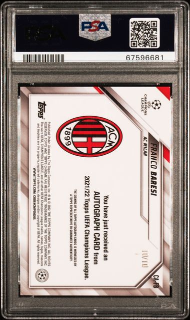2021 TOPPS CHROME UEFA CHAMPIONS LEAGUE CHROME AUTOGRAPHS #FB FRANCO BARESI CHROME AUTO-RED REF /10 PSA 9