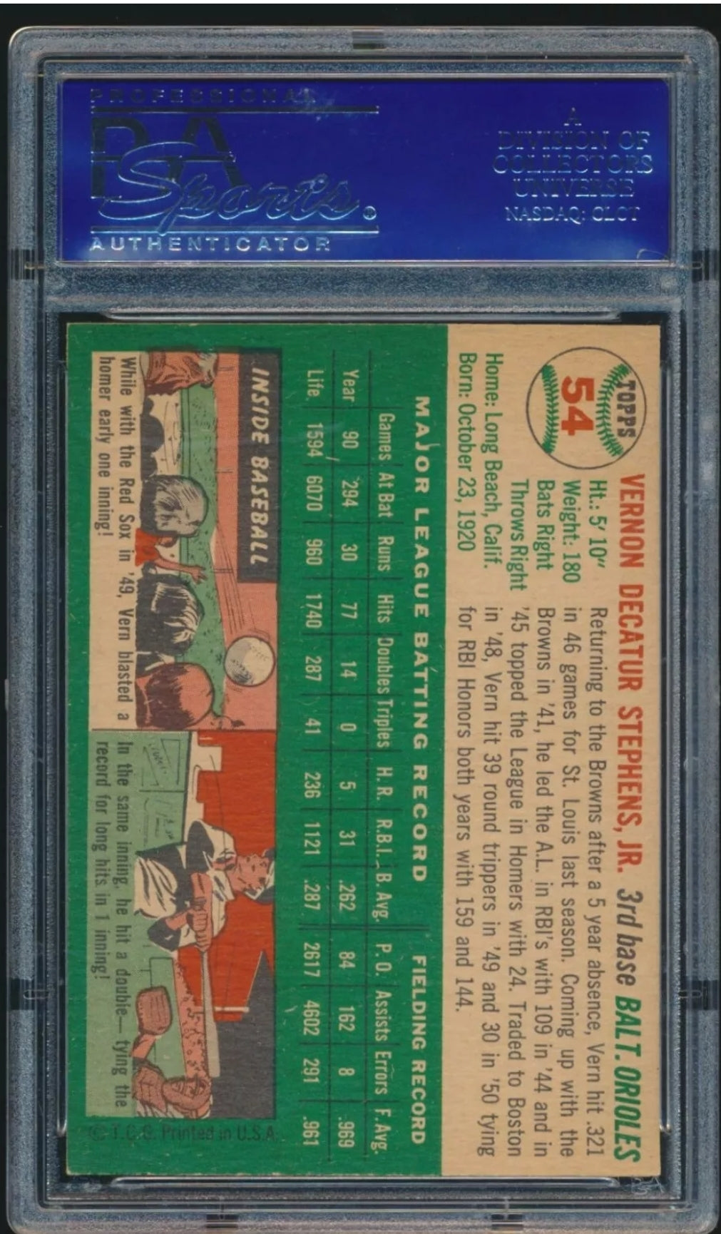 1954 Topps Baseball #54 Vern Stephens PSA 8 (OC) Baltimore Orioles Rare