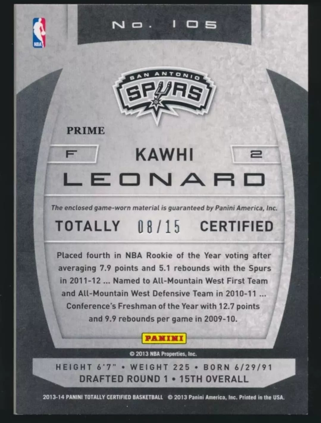2013-14 Panini Totally Certified Basketball #105 Kawhi Leonard San Antonio Spurs /15 Game worn