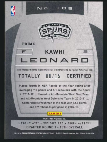 2013-14 Panini Totally Certified Basketball #105 Kawhi Leonard San Antonio Spurs /15 Game worn