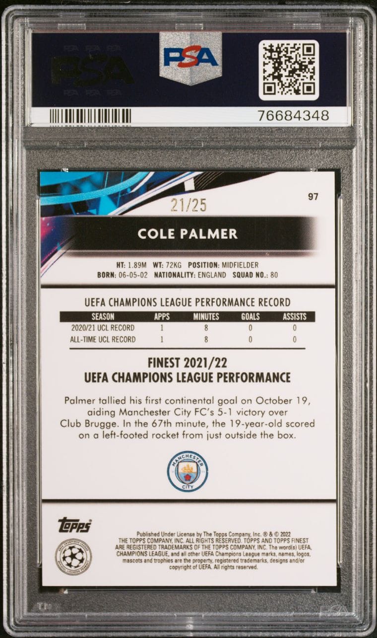 2021-22 Topps Finest UCL Orange Refractor Rookie #97 Cole Palmer PSA 9 /25