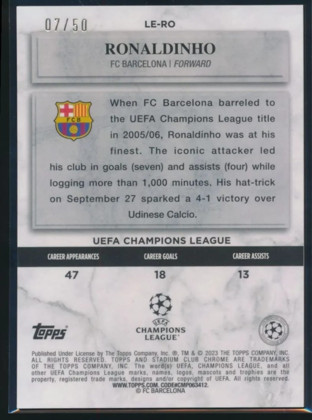 2022-23 Stadium Club Chrome Ronaldinho "Legends Of Europe" Unicef