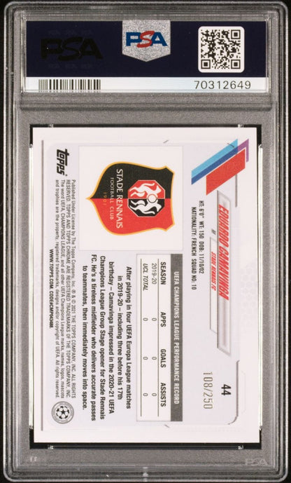 2020-21 Topps Chrome UCL Rookie #44 Eduardo Camavinga Purple Mini Diamond Refractor PSA 9 108/250