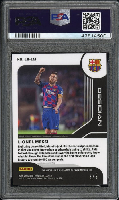 2019 PANINI OBSIDIAN LIGHTNING STRIKE AUTOGRAPHS #LSLM LIONEL MESSI LTN.STR.AU-ELC.ETCH YELLOW /5 PSA 9