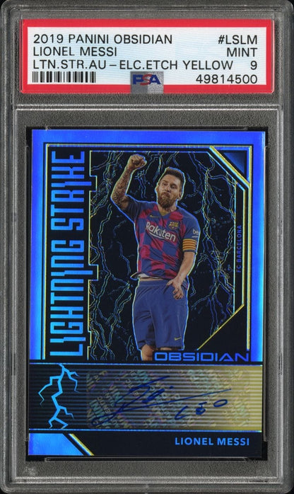 2019 PANINI OBSIDIAN LIGHTNING STRIKE AUTOGRAPHS #LSLM LIONEL MESSI LTN.STR.AU-ELC.ETCH YELLOW /5 PSA 9