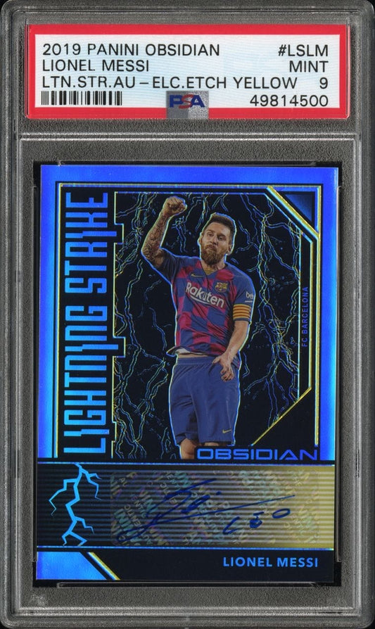 2019 PANINI OBSIDIAN LIGHTNING STRIKE AUTOGRAPHS #LSLM LIONEL MESSI LTN.STR.AU-ELC.ETCH YELLOW /5 PSA 9