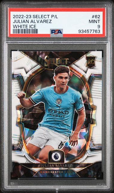 2022-23 PANINI SELECT PREMIER LEAGUE #62 JULIAN ALVAREZ WHITE ICE PSA 9 /25