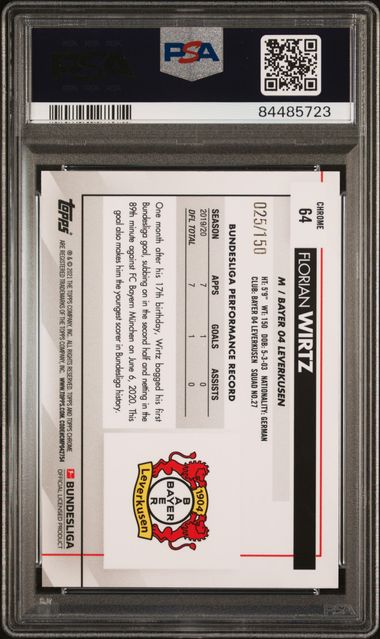 2020 TOPPS CHROME BUNDESLIGA #64 FLORIAN WIRTZ BLUE REFRACTOR /150 PSA 9