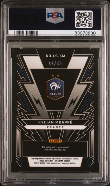 2022-23 PANINI OBSIDIAN LIGHTNING STRIKE AUTOGRAPHS #LSKM KYLIAN MBAPPE LIGHT STRIKE AUTO-EE PURPLE /50 PSA 9