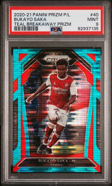 2020 PANINI PRIZM PREMIER LEAGUE #40 BUKAYO SAKA TEAL BREAKAWAY PRIZM /49 PSA 9