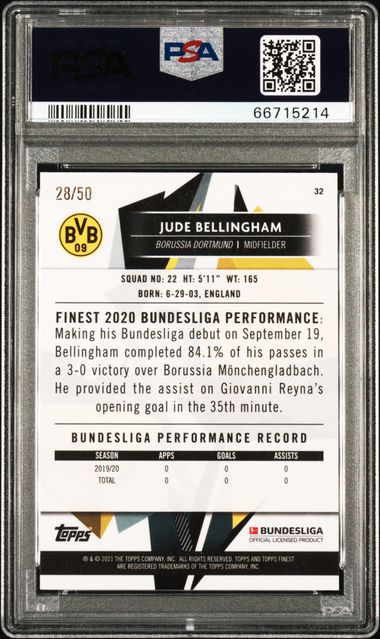 2020-21 Topps Finest Bundesliga Jude Bellingham Gold Refractor Rookie /50 PSA 10