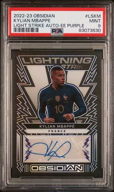 2022-23 PANINI OBSIDIAN LIGHTNING STRIKE AUTOGRAPHS #LSKM KYLIAN MBAPPE LIGHT STRIKE AUTO-EE PURPLE /50 PSA 9