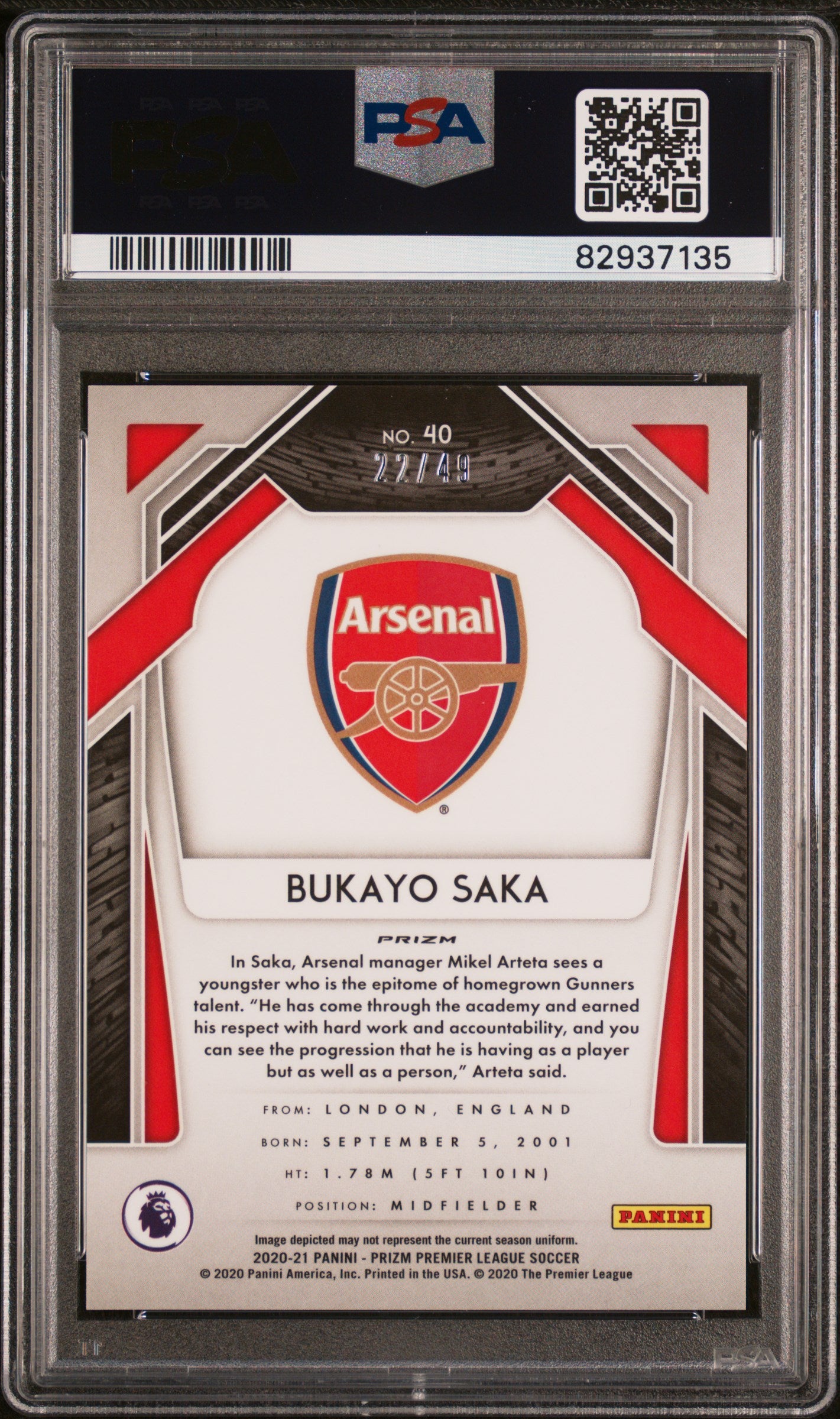 2020 PANINI PRIZM PREMIER LEAGUE #40 BUKAYO SAKA TEAL BREAKAWAY PRIZM /49 PSA 9