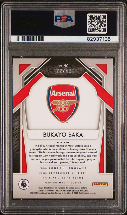 2020 PANINI PRIZM PREMIER LEAGUE #40 BUKAYO SAKA TEAL BREAKAWAY PRIZM /49 PSA 9