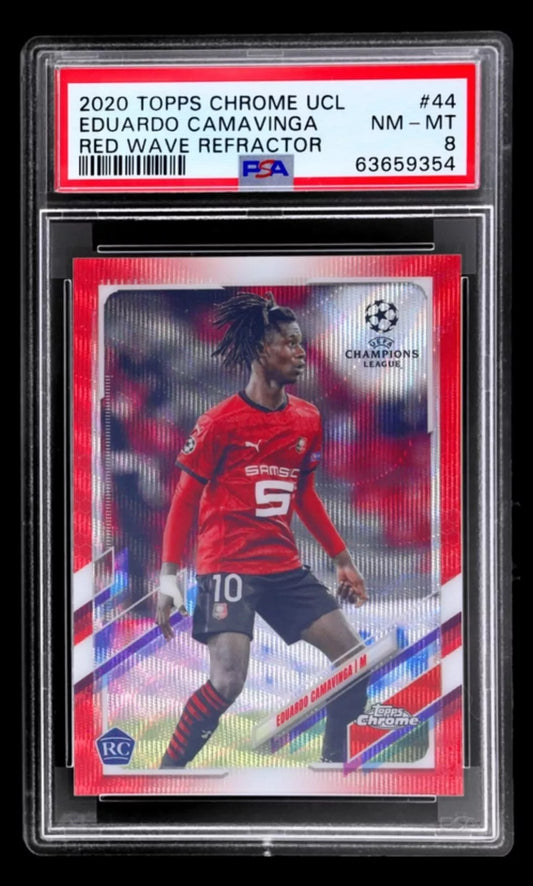 2020-21 Topps Chrome UEFA RED WAVE Refractor Eduardo Camavinga Rookie RC /5 PSA 8 #44