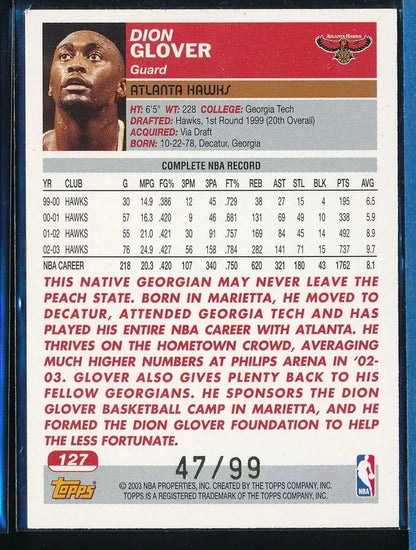 #127 Dion Glover Atlanta Hawks 2003-04 Basketball /99 Kobe in the back SSP